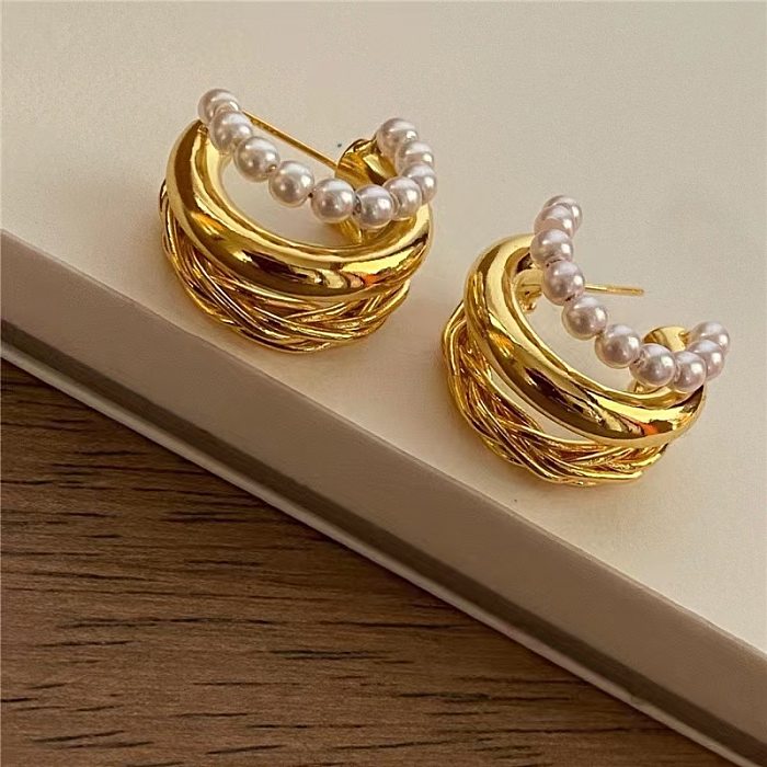 1 Pair Lady C Shape Plating Inlay Copper Artificial Pearls Ear Studs