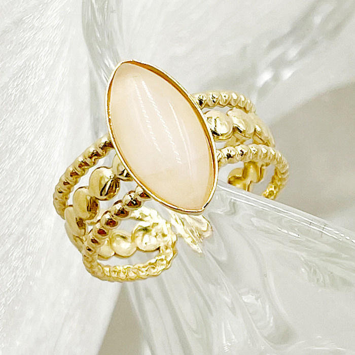 Estilo vintage clássico oval chapeamento de aço inoxidável incrustação de pedra natural anéis abertos banhados a ouro