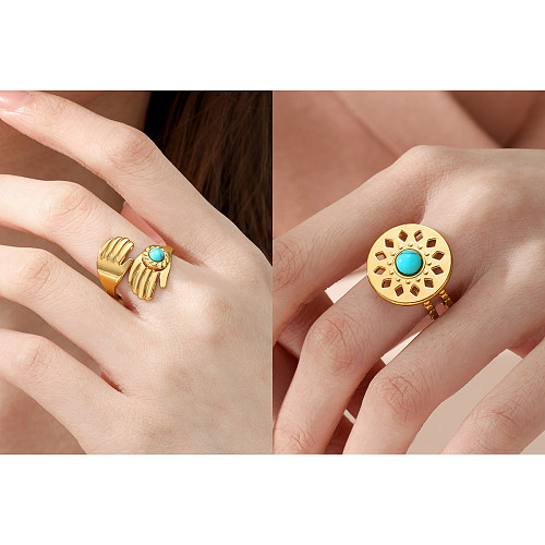 1 Piece Simple Style Round Hand Stainless Steel Plating Hollow Out Inlay Turquoise Open Ring