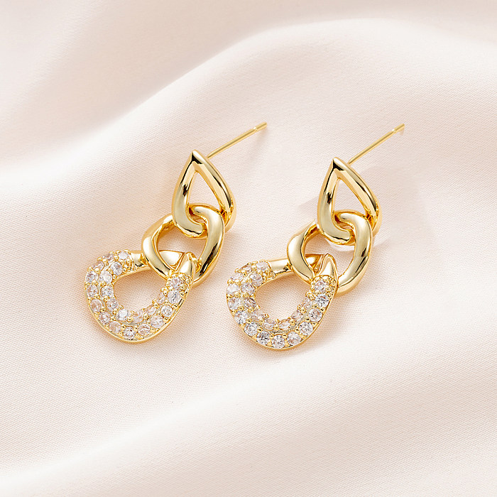 1 Pair Elegant Chain Copper Plating Inlay Zircon 24K Gold Plated Ear Studs