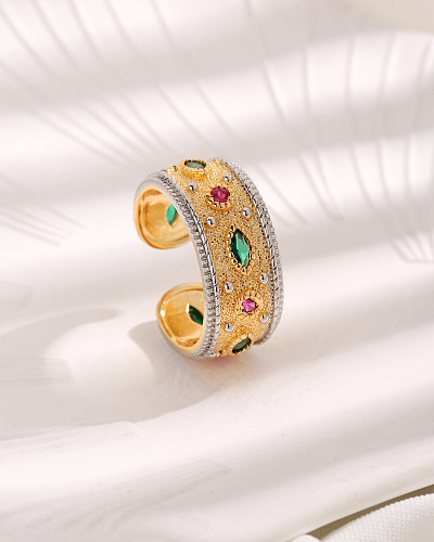 Glamouröse offene Ringe im Vintage-Stil mit Pferdeaugen-Verkupferung, Inlay aus Zirkon und 18 Karat Gold