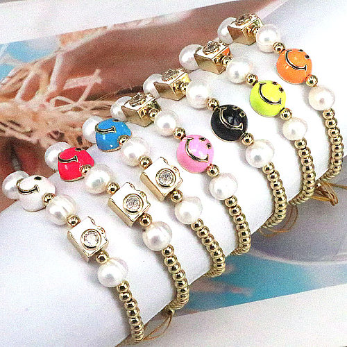 Niedliche runde Smiley-Armbänder aus Kupfer, Emaille, Perleneinlage, Zirkon, 1 Stück