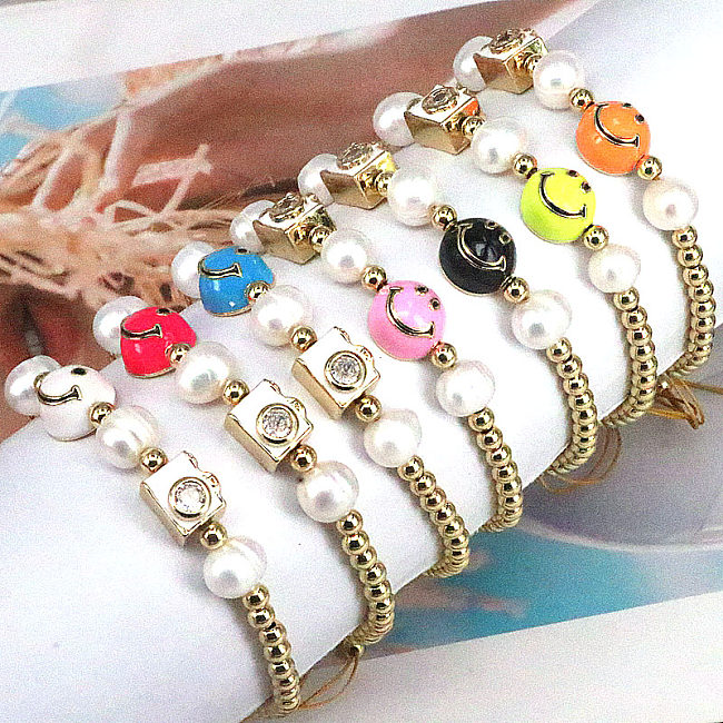 Cute Round Smiley Face Copper Enamel Pearl Inlay Zircon Bracelets 1 Piece