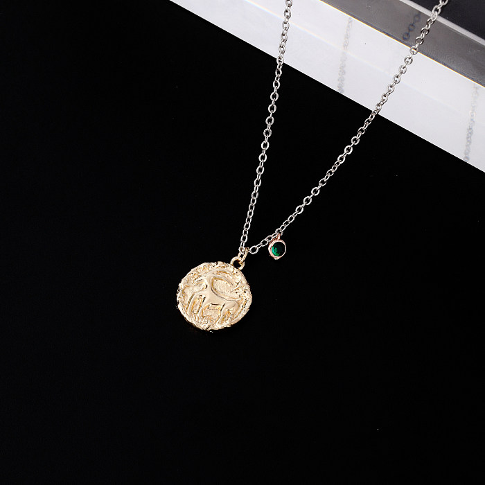 Elegant Hip-Hop Simple Style Round Constellation Copper Plating Inlay Zircon Gold Plated Pendant Necklace