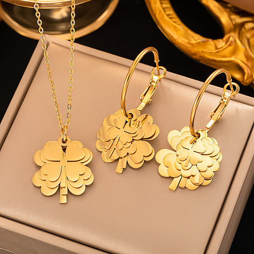 Colar de brincos banhado a ouro 18K com flor de trevo de quatro folhas estilo vintage