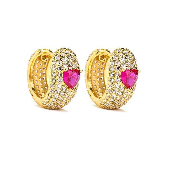 Pendientes de anillos de mujer con circonita chapada en oro de cobre con forma de corazón dulce