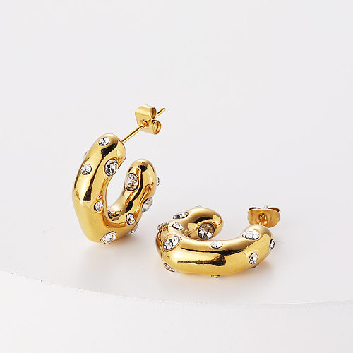 Boucles d'oreilles géométriques dorées en forme de C incrustées de cuivre et de Zircon, vente en gros