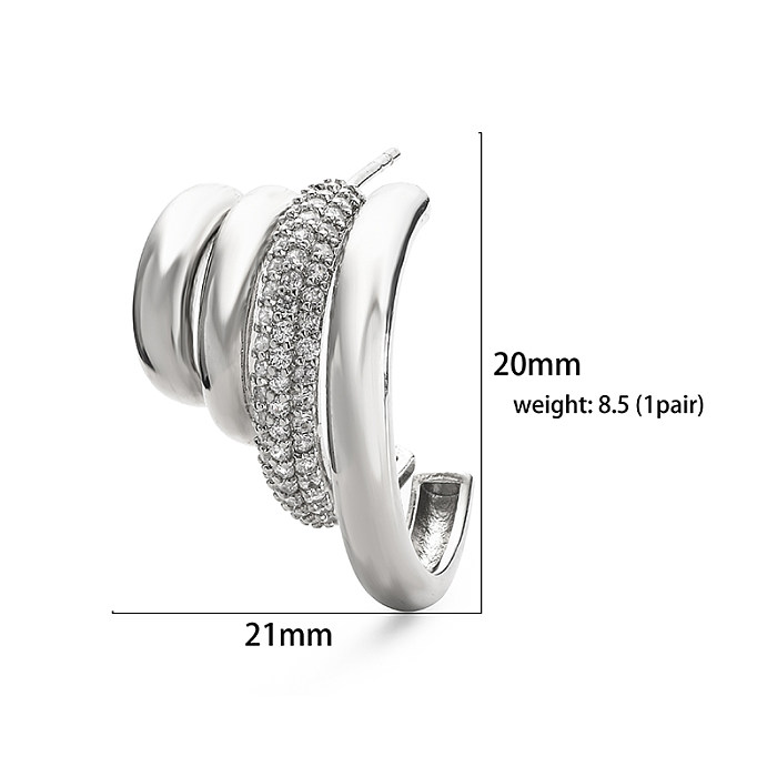 1 paire de clous d'oreilles plaqués or 18 carats, Style IG, lignes luxueuses exagérées en forme de C, incrustation de placage en cuivre et Zircon