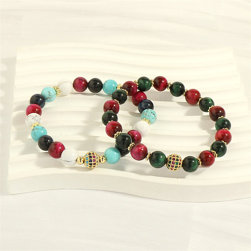 Vintage Style Round Color Block Stone Copper Beaded Plating Inlay Zircon 18K Gold Plated Bracelets