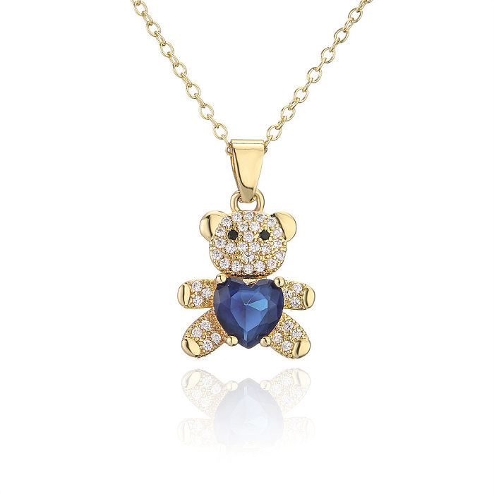 Copper Micro-encrusted Zircon Jewelry Cute Heart Shaped Bear Pendant Gold Necklace