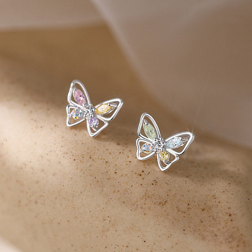 1 Pair Sweet Butterfly Copper Plating Inlay Artificial Gemstones White Gold Plated Ear Studs
