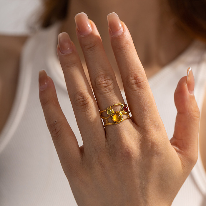 IG Style Elegante ovale offene Ringe mit Edelstahlbeschichtung, Inlay und Strasssteinen, 18 Karat vergoldet