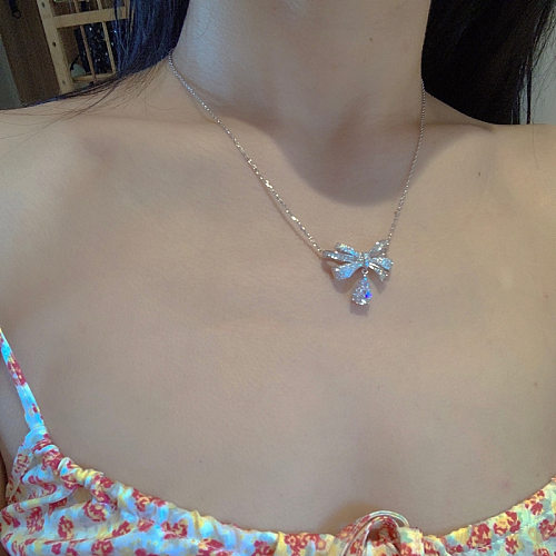 Simple Style Water Droplets Bow Knot Copper Zircon Necklace Pendant In Bulk