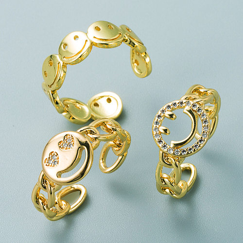 Modischer Ring aus Messing mit Mikro-Intarsien, Zirkon überzogen, echtes Gold, Smiley-Gesichtsöffnung, verstellbarer Hip-Hop-Ring