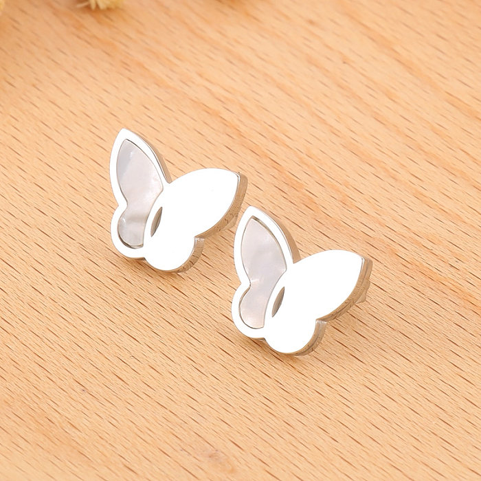Style Simple papillon brillant titane acier placage incrustation coquille Bracelets boucles d'oreilles collier