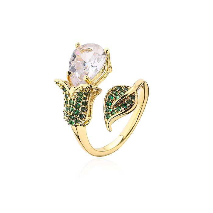 Mode Herzform Blume Kupfer offener Ring vergoldet Zirkon Kupfer Ringe