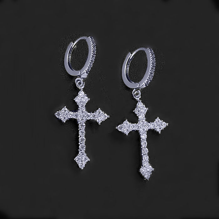 1 Pair Fashion Cross Copper Inlay Artificial Gemstones Earrings