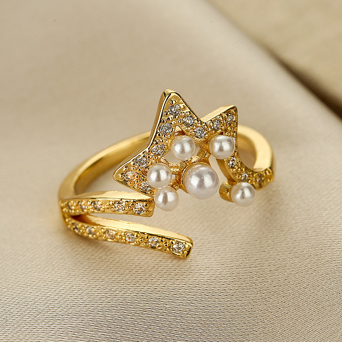 Simple Style Geometric Star Copper Plating Inlay Artificial Pearls Zircon 18K Gold Plated Open Ring