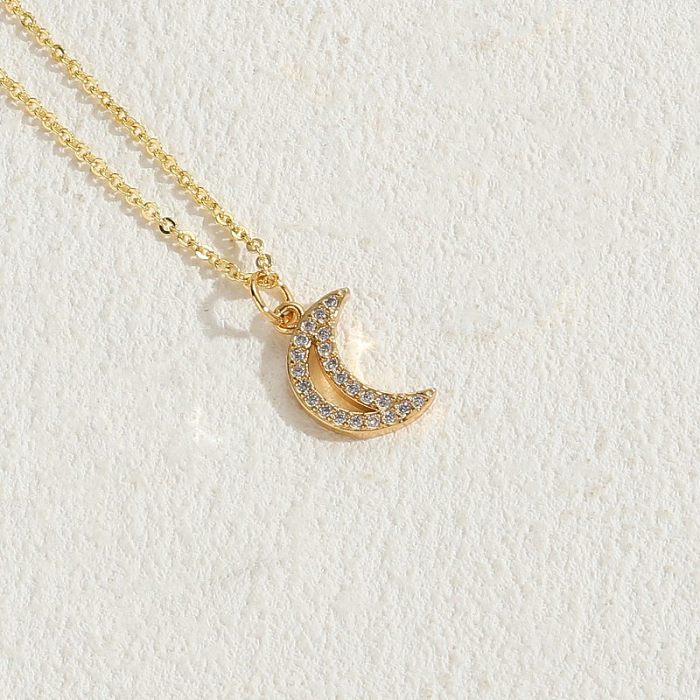 Elegant Luxurious Classic Style Moon Copper 14K Gold Plated Zircon Pendant Necklace In Bulk