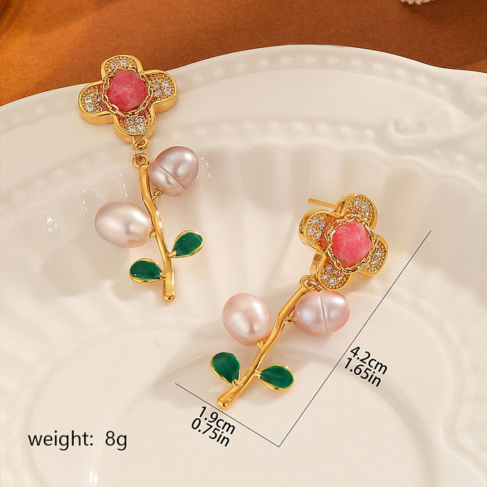 1 Pair Sweet Simple Style Flower Enamel Inlay Freshwater Pearl Copper Crystal Zircon Ear Studs