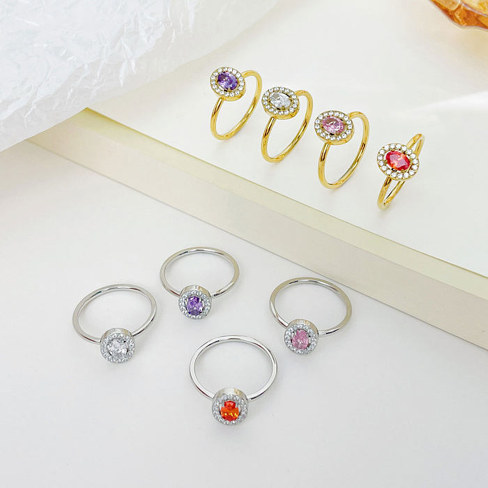 Wholesale Simple Style Shiny Oval Stainless Steel Plating Inlay White Gold Plated Gold Plated Zircon Rings