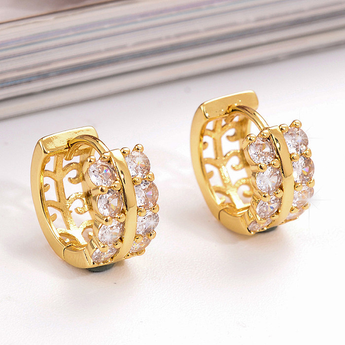 1 Pair Shiny Solid Color Plating Hollow Out Inlay Copper Zircon Hoop Earrings