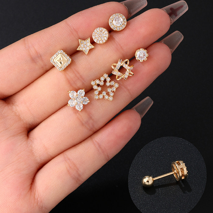 1 Pair Casual Cute Hip-Hop Pentagram Round Plating Inlay Copper Zircon Gold Plated Ear Studs
