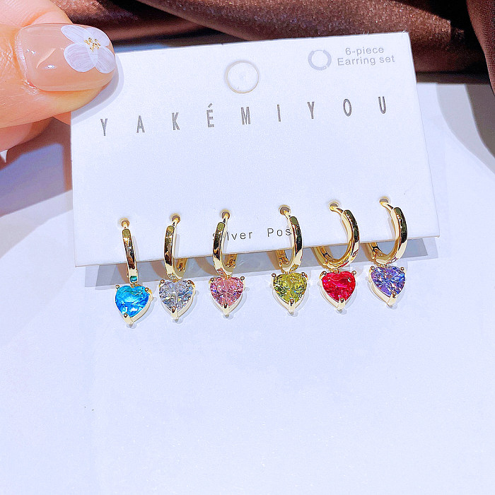 Yakemiyou Shiny Heart Shape Copper Heart Zircon Dangling Earrings 6 Pieces