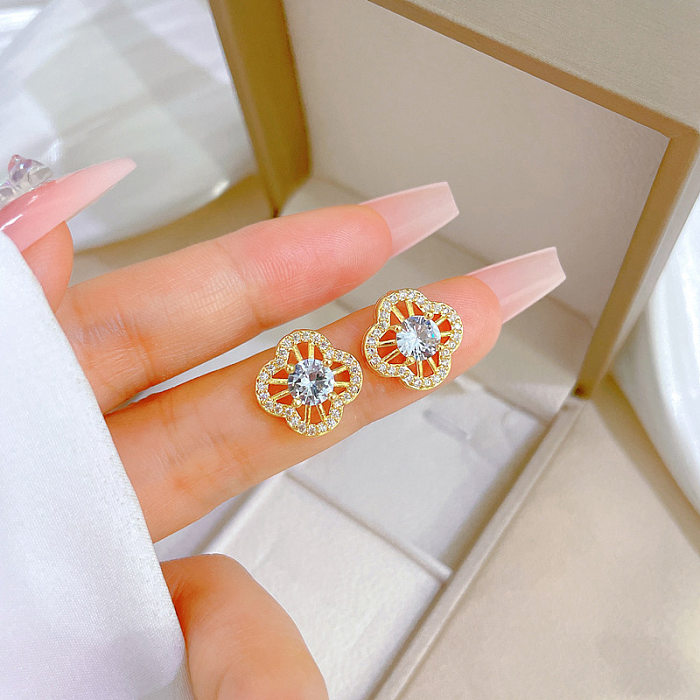 Simple Style Shiny Four Leaf Clover Titanium Steel Copper Plating Hollow Out Inlay Zircon Earrings Necklace