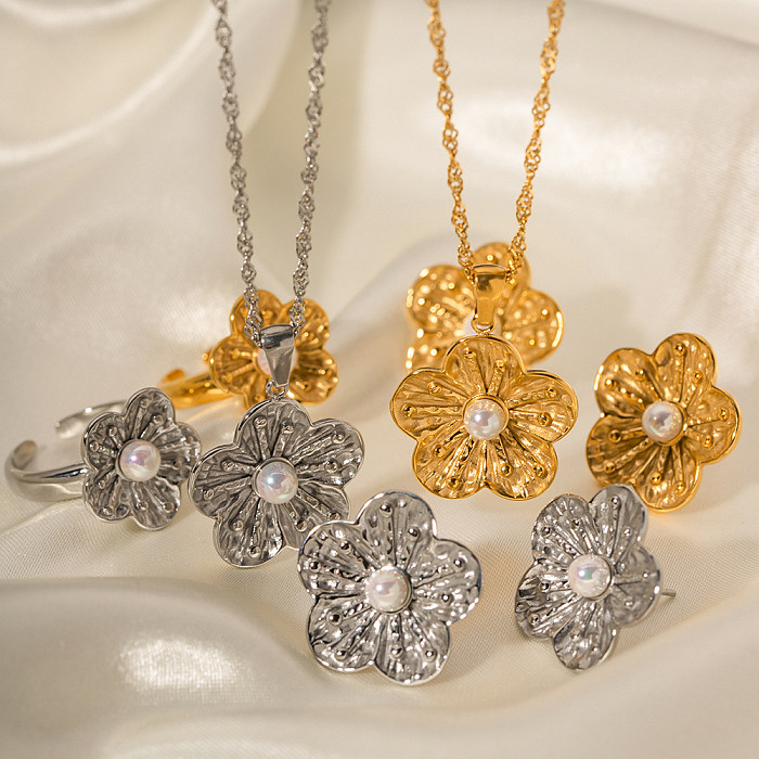 INS Style fleur douce placage en acier inoxydable incrusté de perles plaqué or 18 carats anneaux boucles d'oreilles collier