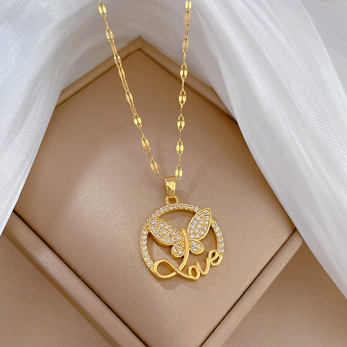 Fashion Letter Butterfly Titanium Steel Copper Plating Hollow Out Inlay Zircon Pendant Necklace