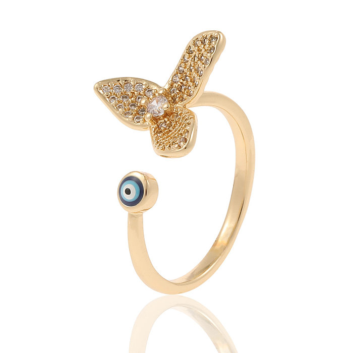 Anillo abierto de cobre con estrella de ojo del diablo geométrico, anillos de cobre con revestimiento de diamantes de imitación y circonita