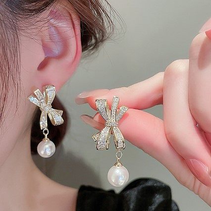 Fashion Bow Knot Copper Inlay Pearl Zircon Drop Earrings 1 Pair