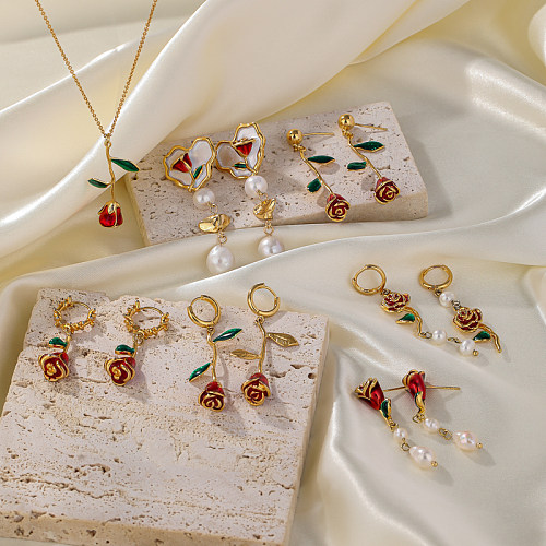 Retro-Ohrring-Halskette im französischen Stil, Herzform, Rose, Süßwasserperle, Kupferbeschichtung, 18 Karat vergoldet