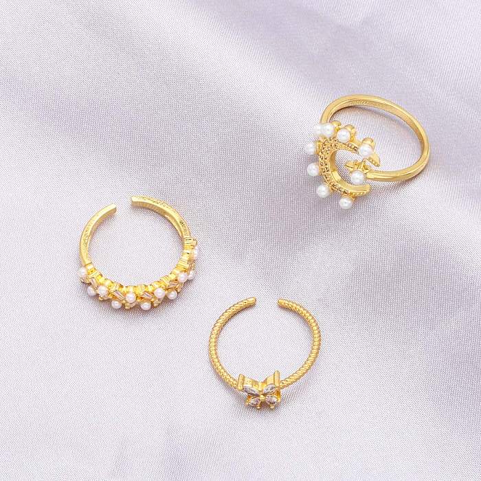 Fashion Star Moon Butterfly Copper Gold Plated Artificial Pearls Zircon Open Ring 1 Piece