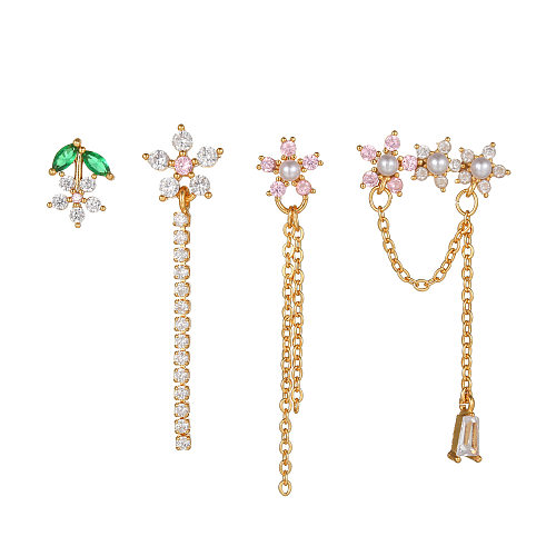 Juego de aretes de aleación de perlas con cadena de flores de moda de cinco piezas