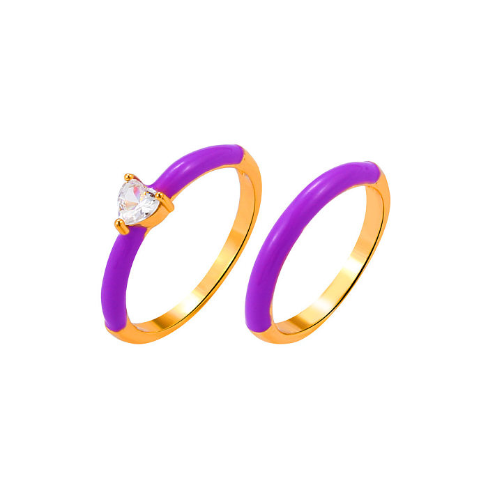Fashion Simple Color Oil Dripping Geometric Copper Inlaid Zircon Ring 2-piece Set