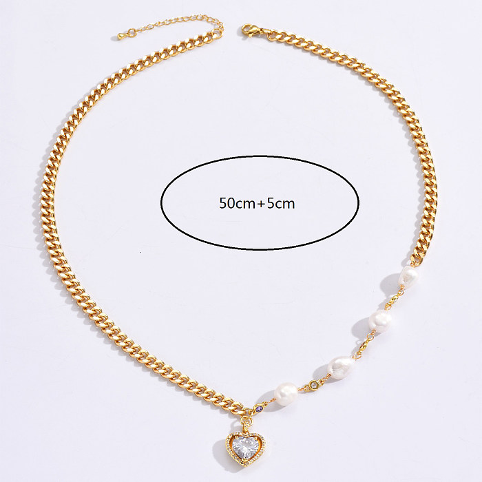 Simple Style Heart Shape Copper Pendant Necklace Patchwork Gold Plated Zircon Copper Necklaces 1 Piece