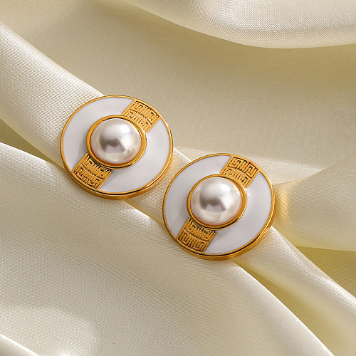1 Pair Simple Style Round Enamel Plating Inlay Copper Pearl 18K Gold Plated Ear Studs