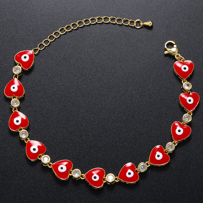 Bracelets en cuivre en forme de cœur oeil du diable à la mode, incrustation d'émail, pierres précieuses artificielles, Bracelets en cuivre