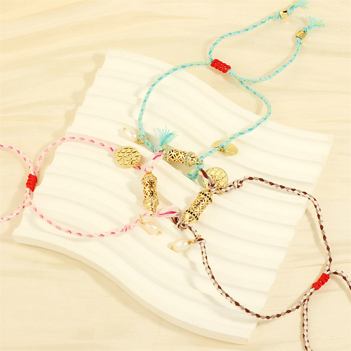 Bohemian Geometric Freshwater Pearl Rope Copper Plating Inlay Zircon 18K Gold Plated Twisted Cable Bracele