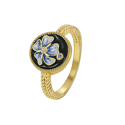Casual Flower Copper Enamel Plating Inlay Zircon Rings