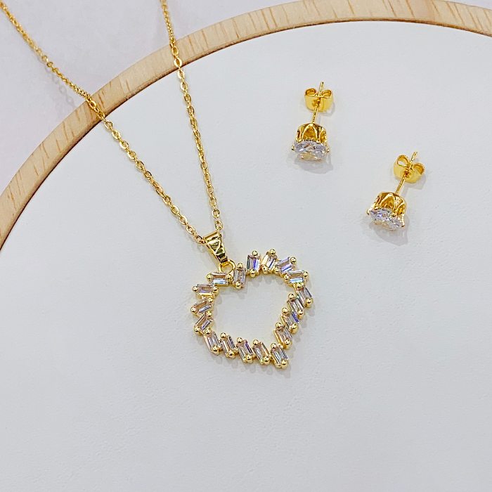 Conjunto de 2 peças em formato de coração doce, banhado a cobre, zircão, banhado a ouro, colar de brincos femininos