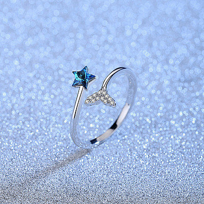 Moda estrela peixe cauda cobre chapeamento incrustado anel aberto de cristal 1 peça
