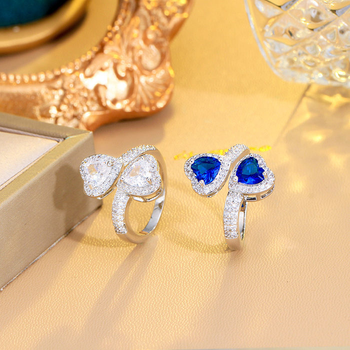 IG Style Elegant Asymmetrical Heart Shape Copper Plating Inlay Artificial Gemstones 14K Gold Plated White Gold Plated Rhodium Plated Open Rings