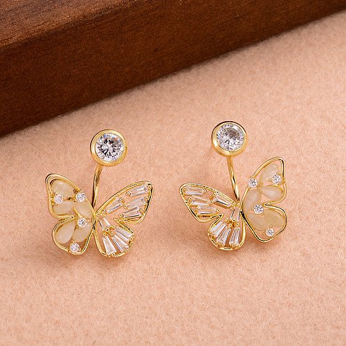 1 paire de boucles d'oreilles plaquées or 14 carats, Style IG, incrustation de placage papillon doux, opale en cuivre et Zircon
