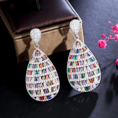 1 Pair Shiny Water Droplets Plating Inlay Copper Zircon White Gold Plated Rhodium Plated Drop Earrings