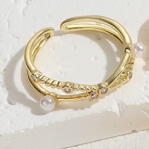 Elegant Luxurious Classic Style Moon Heart Shape Freshwater Pearl Copper Criss Cross Plating Inlay Zircon 14K Gold Plated Rings