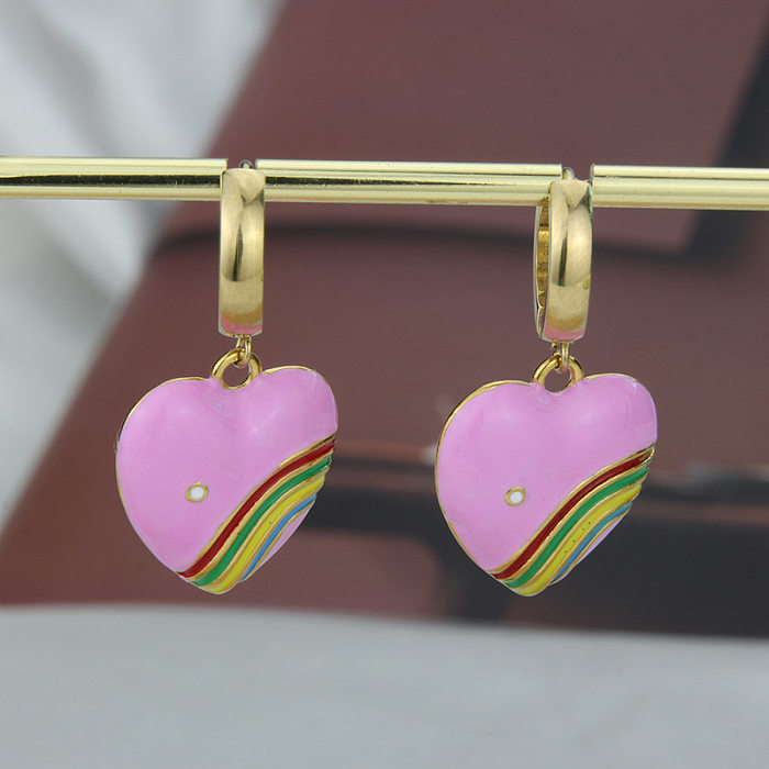 Fashion Rainbow Heart Shape Titanium Steel Earrings Necklace Splicing Stainless Steel Necklaces