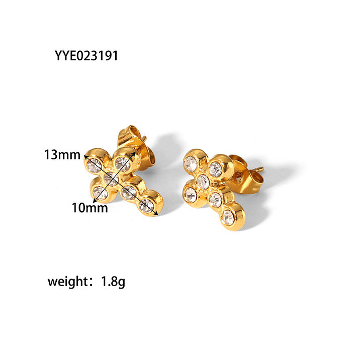 Elegant Cross Stainless Steel Plating Inlay Zircon 18K Gold Plated Earrings Necklace